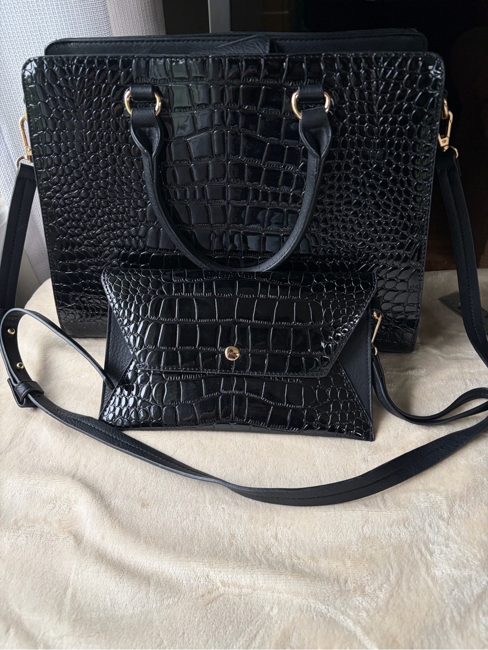 Dasein faux crocodile satchel with matching smaller bag